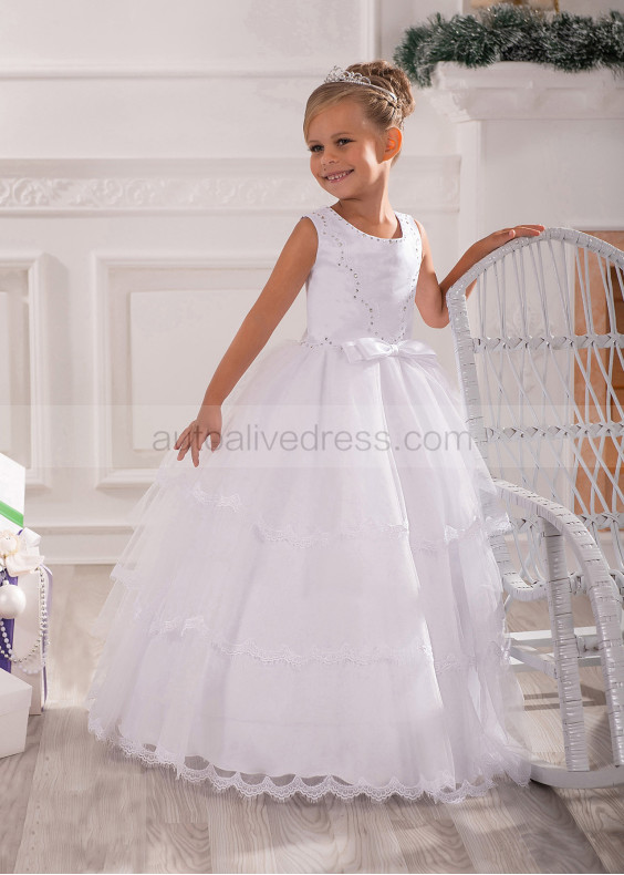 White Beaded Tulle Flower Girl Dress With Eyelash Lace Trim